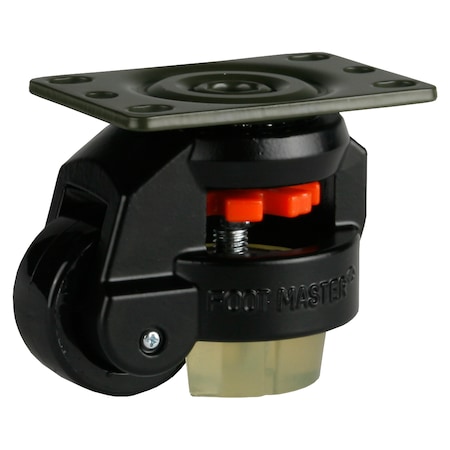 Foot Master Leveling Caster, 50 mm Nylon Wheel, 2-1/2 x 3-1/4 Plate, Swivel, 280 kg Cap, PU Foot Pad, Black GD-60-F-NYN-CUR-FBL-PUS